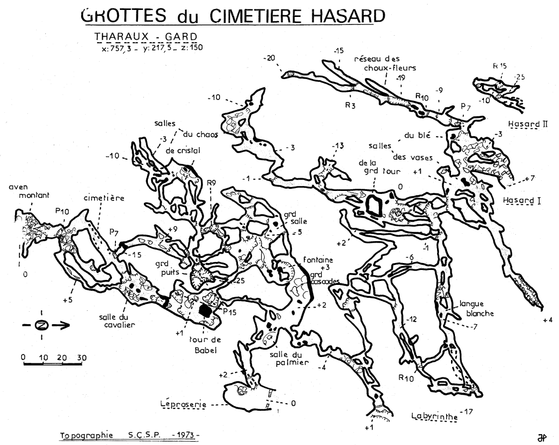 Topographie grottes du cimetière hasard scsp 1973 - Association spéléo Tharaux Gard